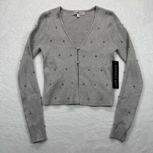 Madden Girl‎ Cardigan Rhinestone Embellished Ribbed Knit Sweater Top Gray M